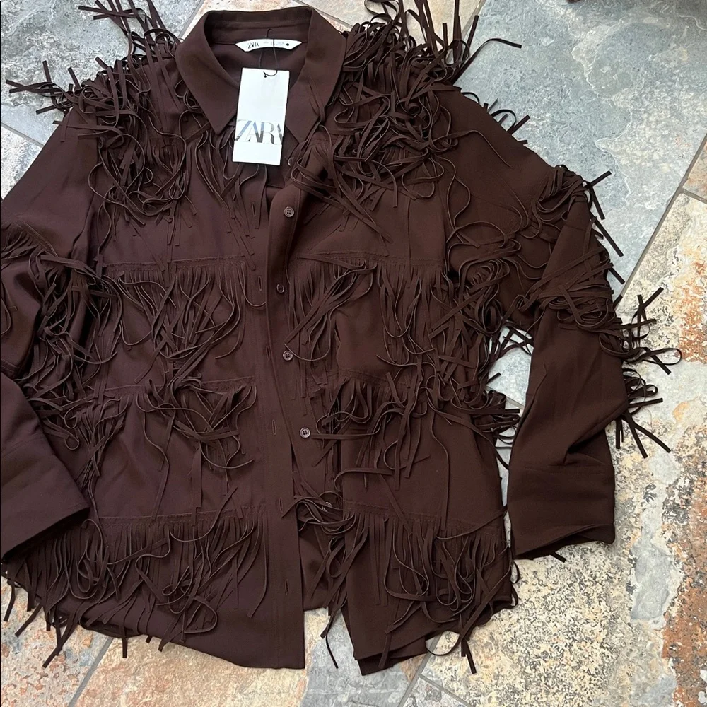 Zara Dark Brown Fringe Shirt - Picture 2 of 4